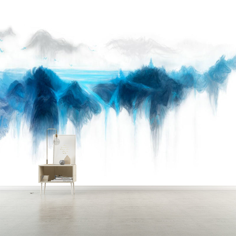 River Mountain Landscape Mural Wallpaper Blue and White Modern Art Wall Covering for Home
