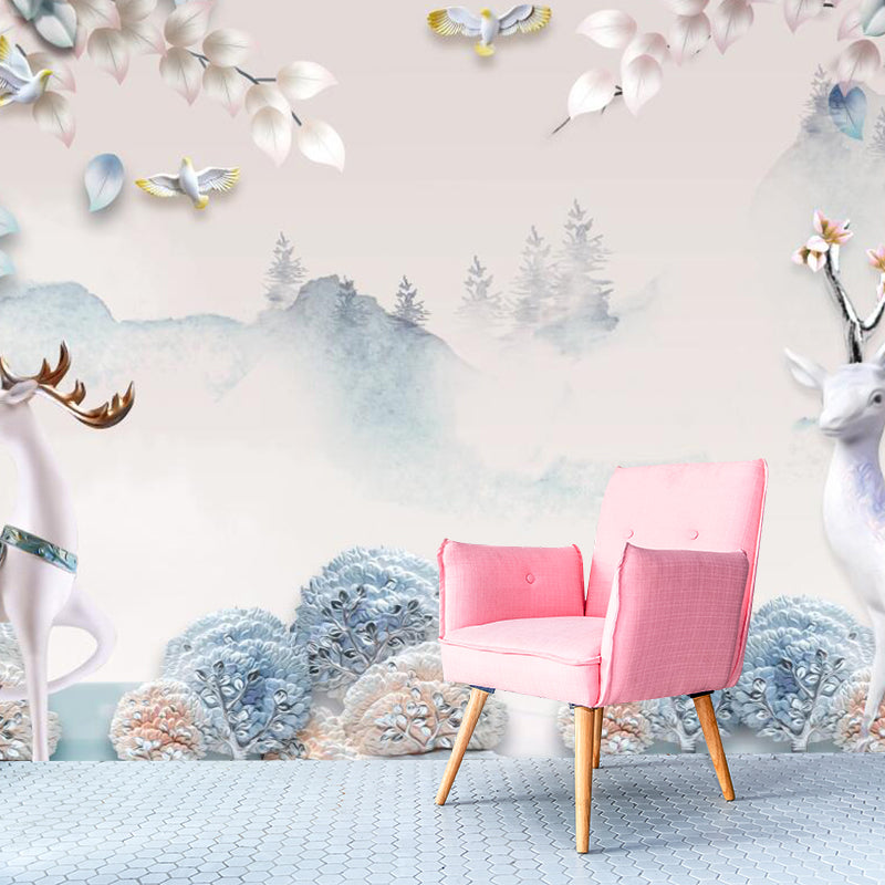 Misty Landscape Deers Wall Mural Decal Nordic Non-Woven Fabric Wall Art in Yellow-Blue