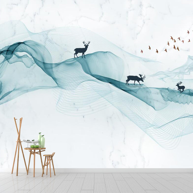 Modern Art Deer-Mountain Murals for Living Room Custom Size Wall Decor in Green-White