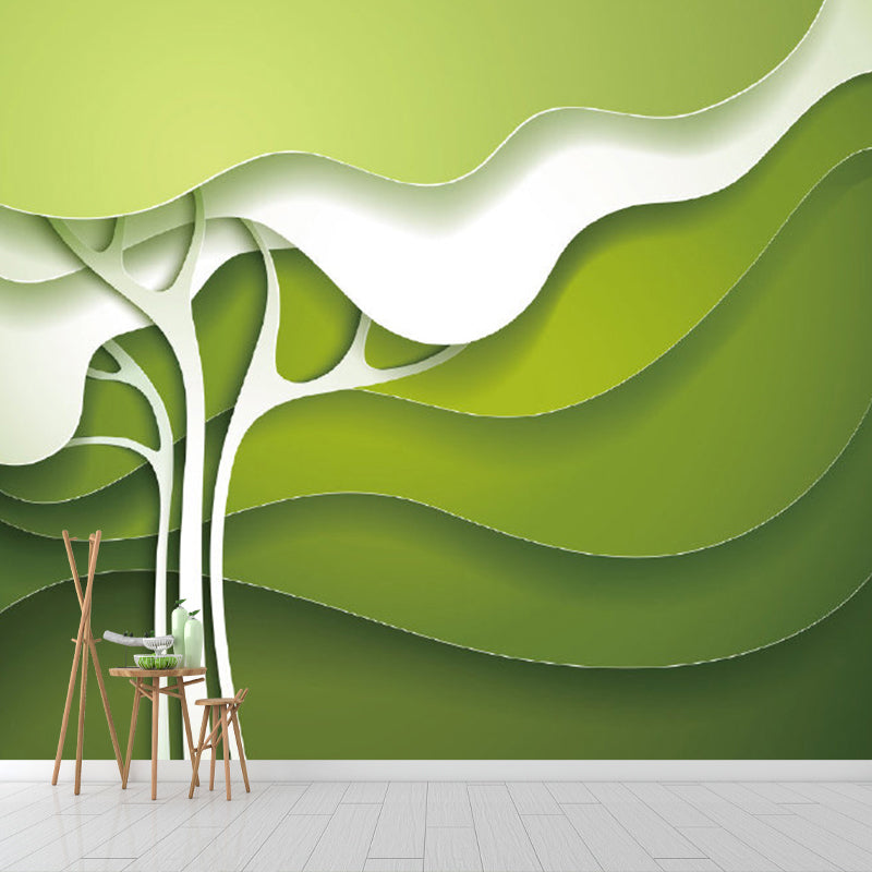 Green-White Tree Wall Mural Moisture Resistant Minimalist Wall Decor for Bedroom