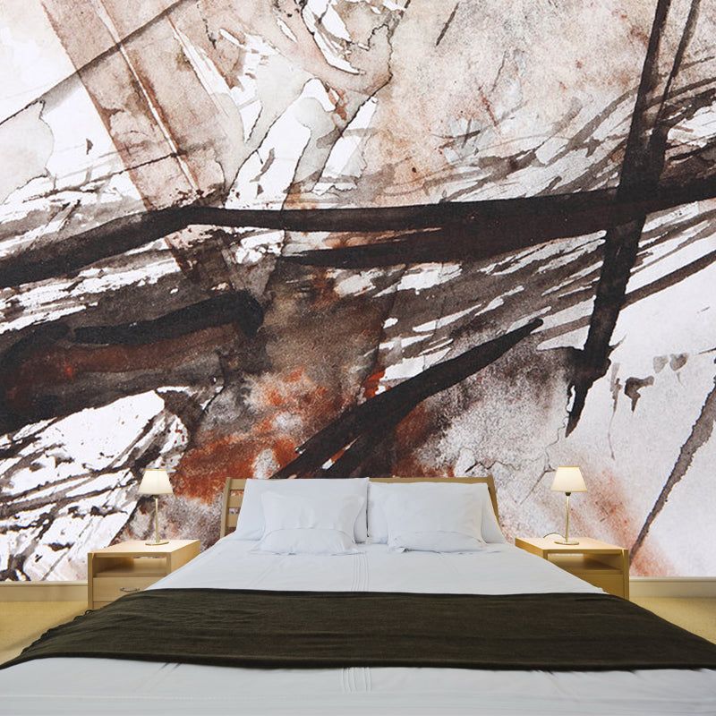 Full-Size Complicated Mural for Bedroom Abstract Wall Covering in Red Brown, Washable
