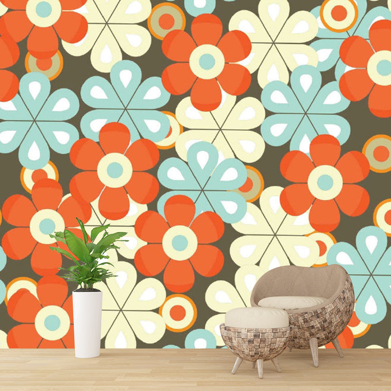 Artistic Scattered Flower Wallpaper Mural Blue-Orange-Yellow Moisture Resistant Wall Art for Home