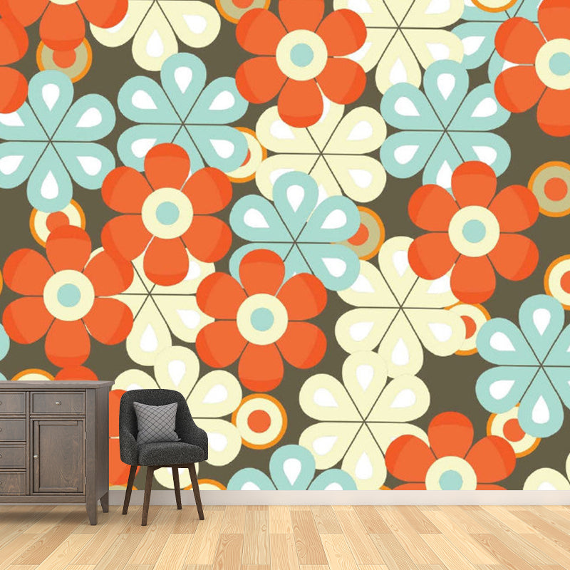 Artistic Scattered Flower Wallpaper Mural Blue-Orange-Yellow Moisture Resistant Wall Art for Home