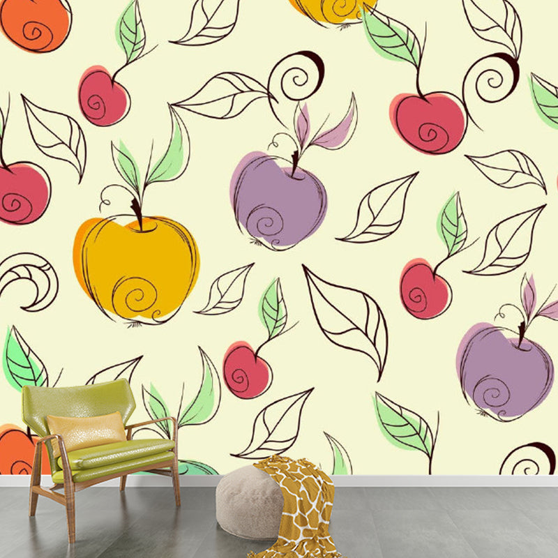 Childrens Art Apple Wall Mural Purple-Yellow Fruit Wall Covering for Kindergarten