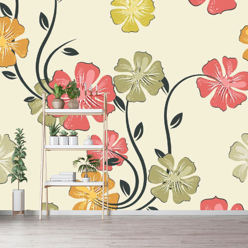 Full Size Flower Print Mural Wallpaper Red-Yellow-Green Non-Woven Wall Art, Washable, Custom Made