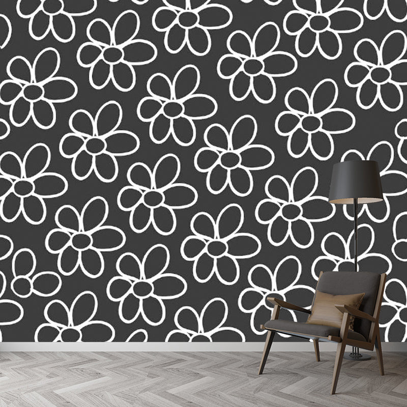 Simple Flower Wall Paper Mural for Bedroom Customized Wall Covering in White on Black