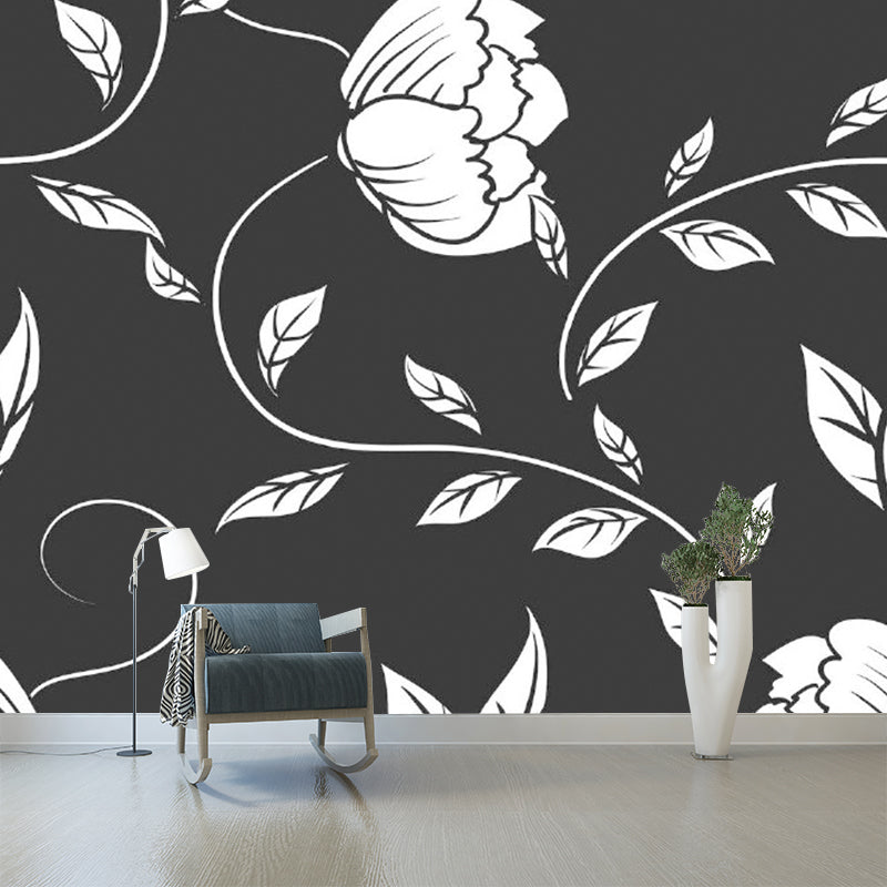Modernist Twisting Peony Wall Murals Black-White Flower Wall Decoration for Bedroom