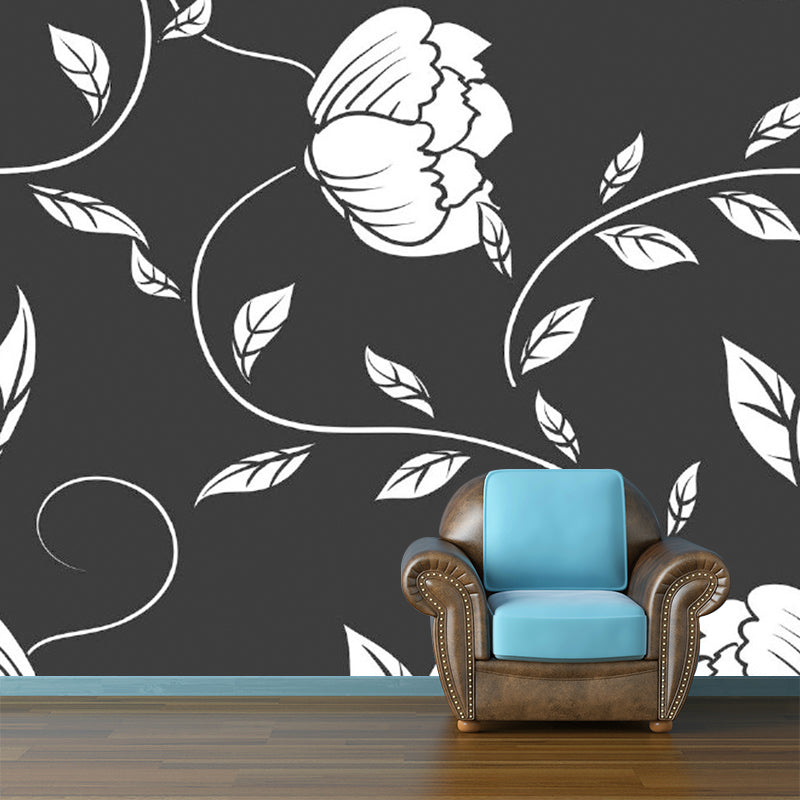 Modernist Twisting Peony Wall Murals Black-White Flower Wall Decoration for Bedroom