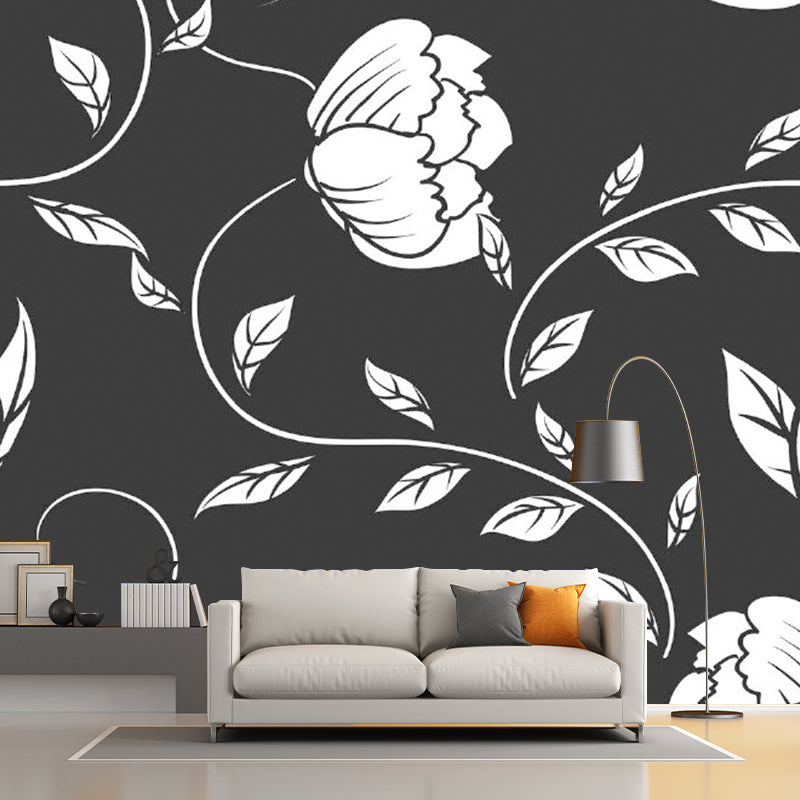 Modernist Twisting Peony Wall Murals Black-White Flower Wall Decoration for Bedroom