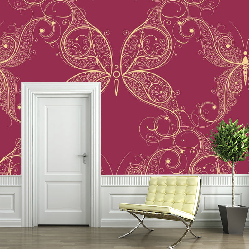 Full Size Butterflies Wall Murals for Bedroom Animal Print Wall Covering in Purple-Red, Washable