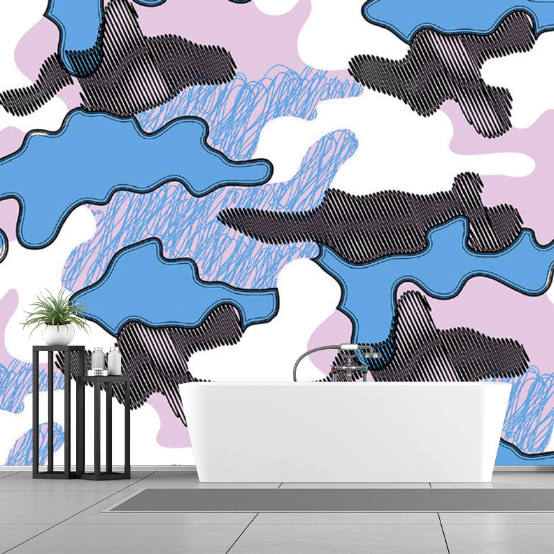 Artistic Abstract Cloud Drawing Mural Pink and Blue Washable Wall Decor for Kids Room