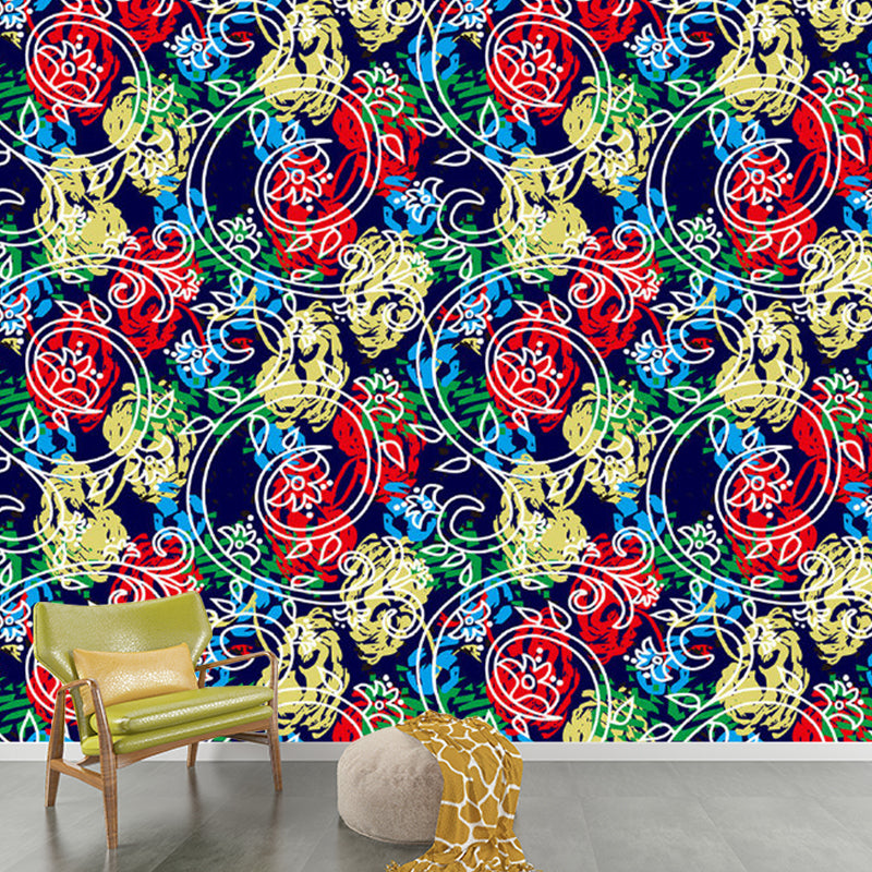 Peonies and Swirl Vine Mural Decal Red-Yellow-Blue Stylish Wall Covering for Bedroom