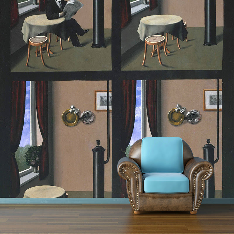 Personalized Illustration Surreal Murals with Man Reading A Newspaper Pattern in Brown