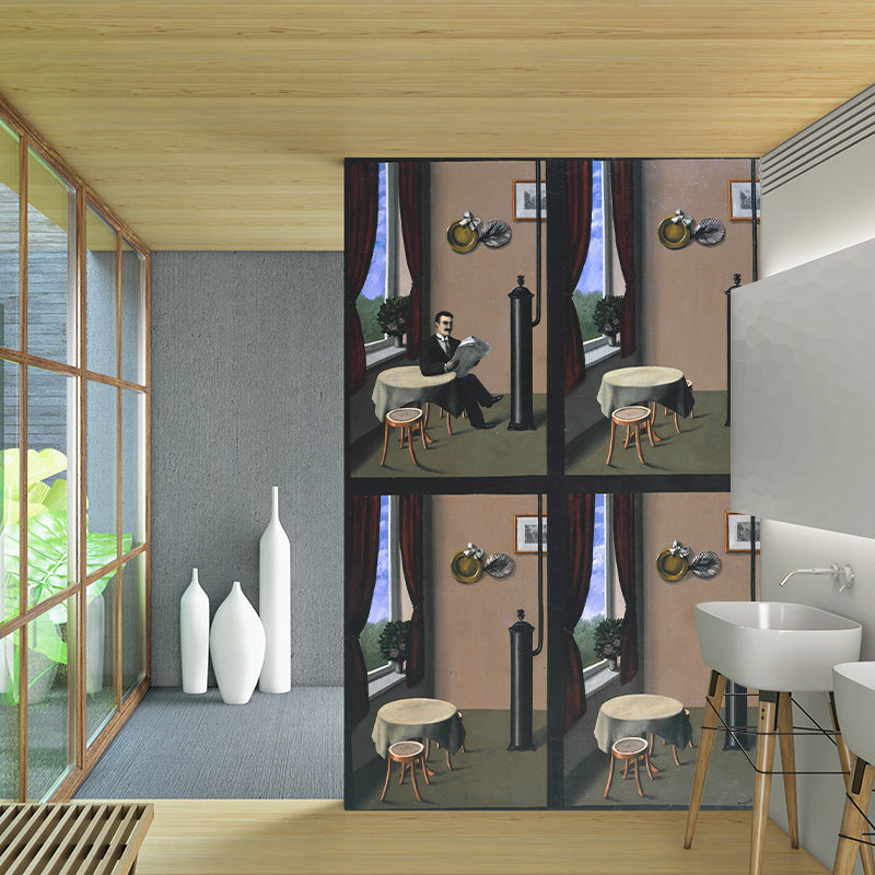Personalized Illustration Surreal Murals with Man Reading A Newspaper Pattern in Brown