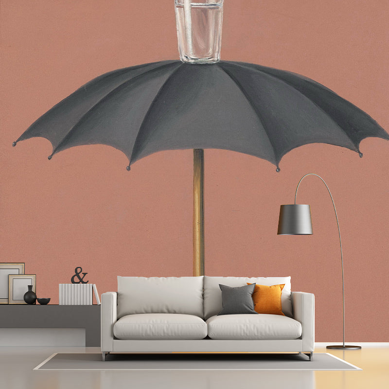 Grey-Red Surrealistic Mural Wallpaper Large Umbrella with Glass Cup Top Wall Decor for Home