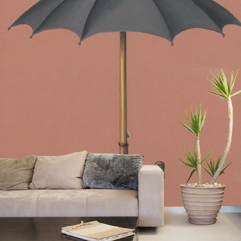 Grey-Red Surrealistic Mural Wallpaper Large Umbrella with Glass Cup Top Wall Decor for Home