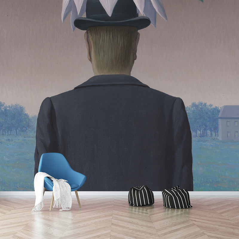 Black-Grey Surrealistic Wall Mural Large Man Wearing Flower Wall Covering for Living Room