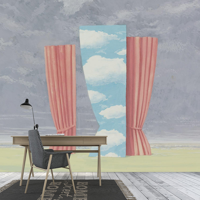 Impressive Curtains Drawing Mural Decal for Living Room, Purple-Pink, Made to Measure