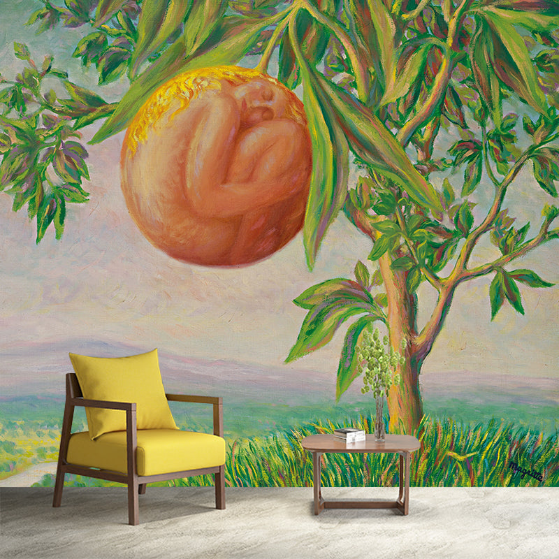 Rene La Vie Heureuse Mural Wallpaper in Orange-Green Surrealist Wall Covering for Living Room