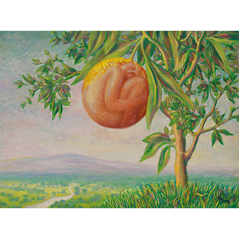 Rene La Vie Heureuse Mural Wallpaper in Orange-Green Surrealist Wall Covering for Living Room