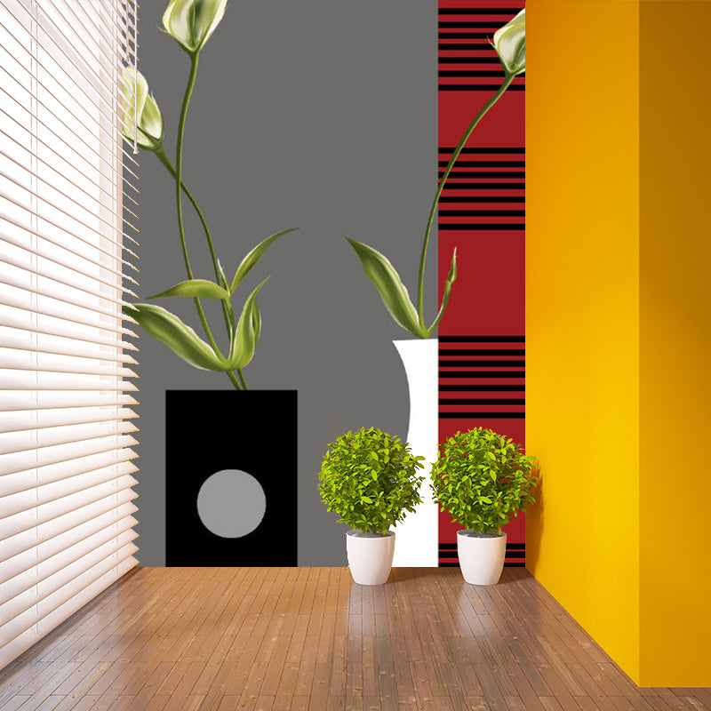 Minimalistic Tulip Flower Wall Mural Red-Grey Bedroom Wall Art, Custom Size Available