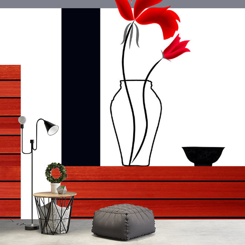 Huge Aesthetics Wall Paper Murals Red-Black Lily Vase and Wood Table Wall Decor, Custom Made