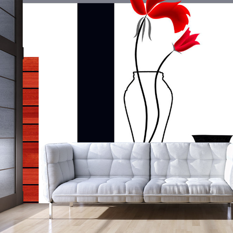 Huge Aesthetics Wall Paper Murals Red-Black Lily Vase and Wood Table Wall Decor, Custom Made