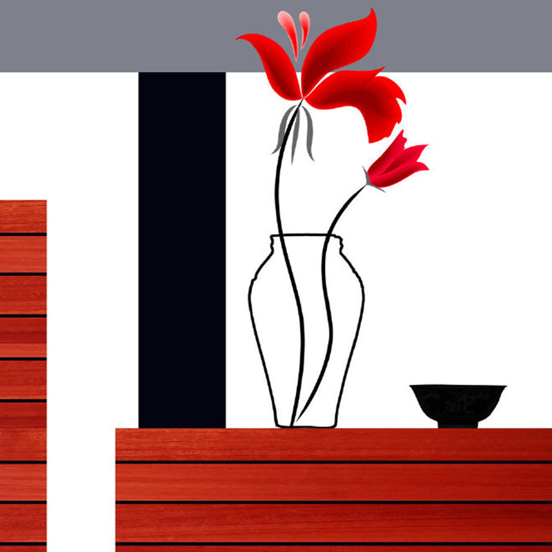 Huge Aesthetics Wall Paper Murals Red-Black Lily Vase and Wood Table Wall Decor, Custom Made