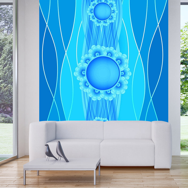 Large Curvaceous Mural Wallpaper for Bedroom Floral Print Wall Art in Blue, Waterproof