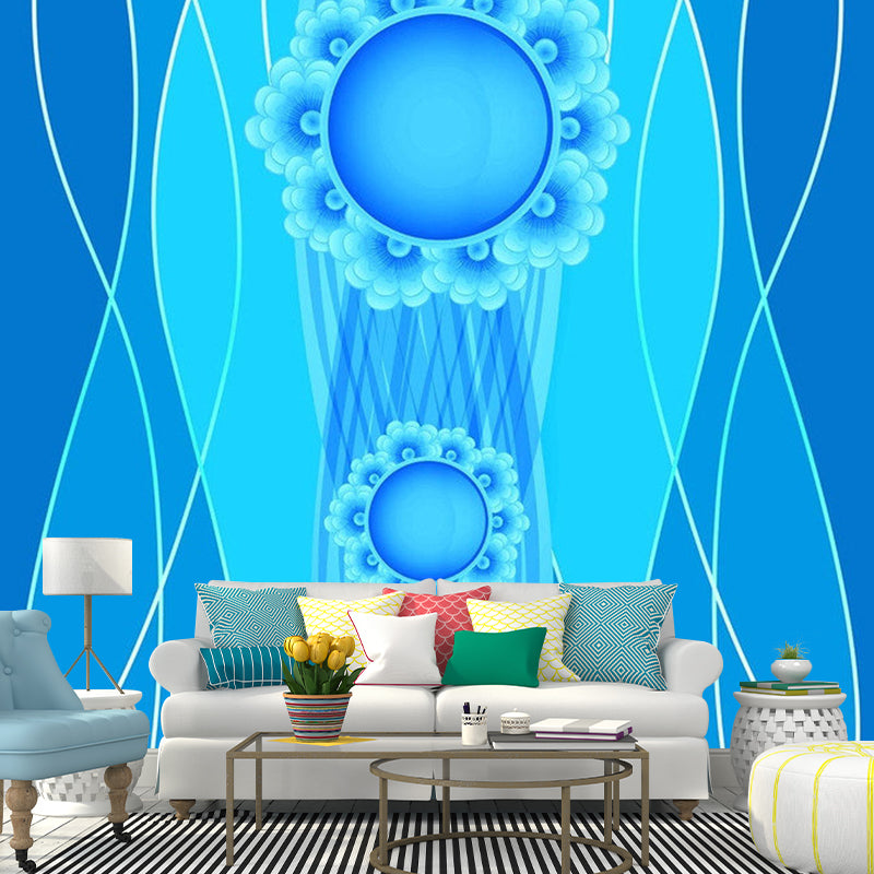 Large Curvaceous Mural Wallpaper for Bedroom Floral Print Wall Art in Blue, Waterproof