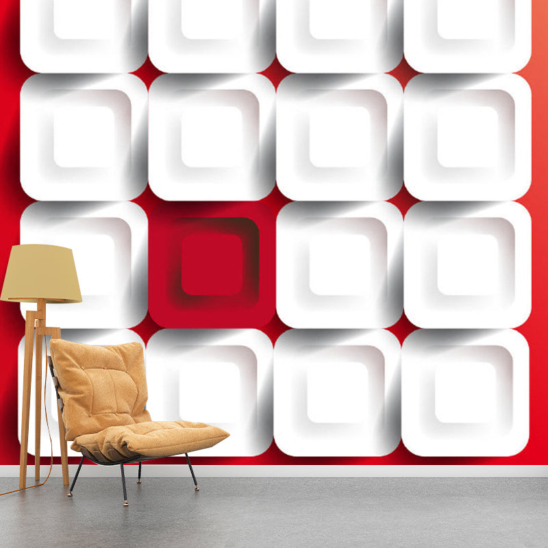 Geometry Check Wall Mural Decal Modern Style Non-Woven Wall Decor in White on Red