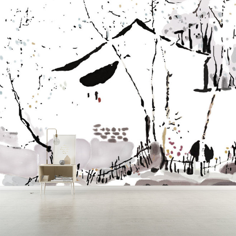 Chinese Ink Painting Farmhouse Mural Black-White Moisture Resistant Wall Art for Bedroom