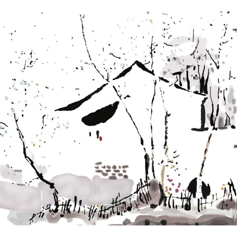 Chinese Ink Painting Farmhouse Mural Black-White Moisture Resistant Wall Art for Bedroom