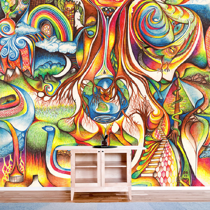 Peacock Abstract Wall Paper Mural Aesthetics Non-Woven Fabric Wall Decoration in Blue-Yellow-Green