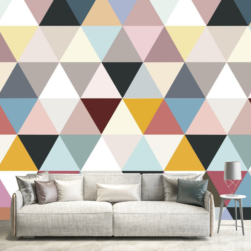 Whole Triangle Wall Murals for Bedroom Patchwork Wall Art in Blue-Pink-Yellow, Washable