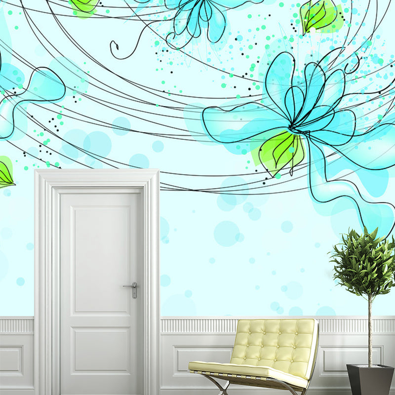 Whole Flower Wall Paper Mural Art Deco Lovely Bubbles Wall Covering in Blue and Green
