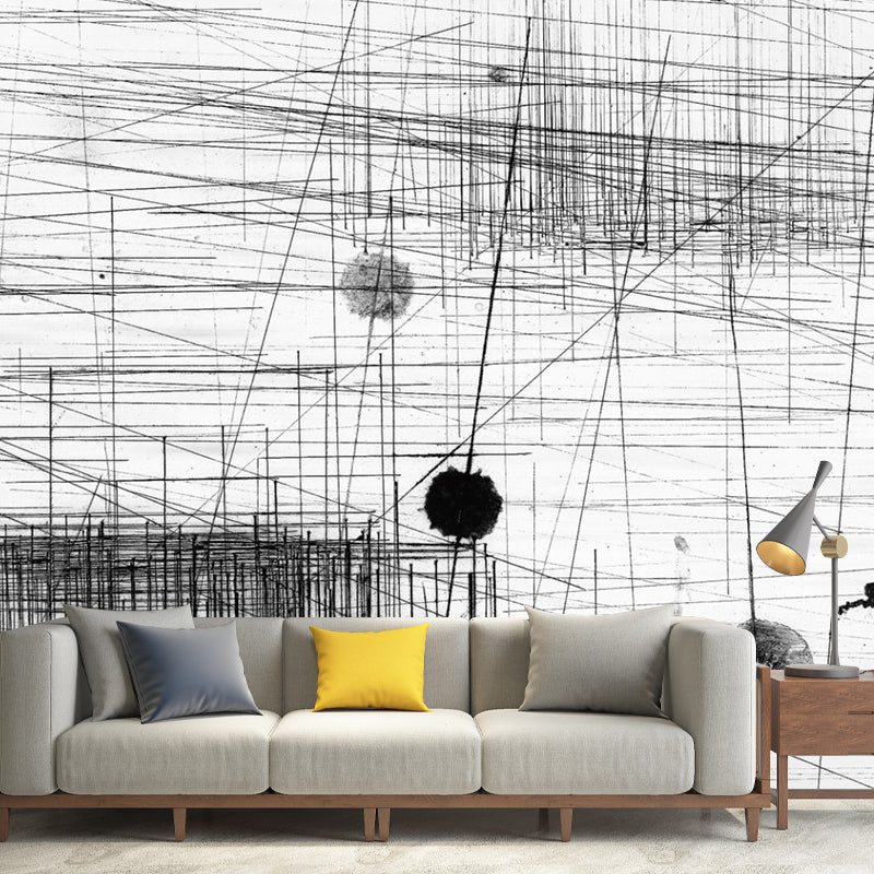 Abstract Line Sketch Wallpaper Murals Artistry Non-Woven Material Wall Decor in Black-Grey