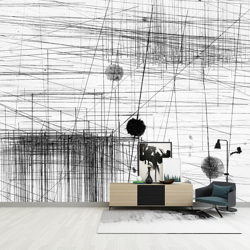 Abstract Line Sketch Wallpaper Murals Artistry Non-Woven Material Wall Decor in Black-Grey