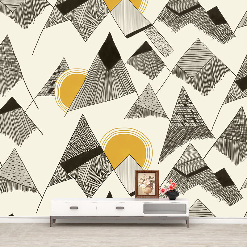 Full Size Art Deco Murals Wallpaper Yellow-Black Sun Behind Cone Mountain Drawing Wall Covering, Custom Print