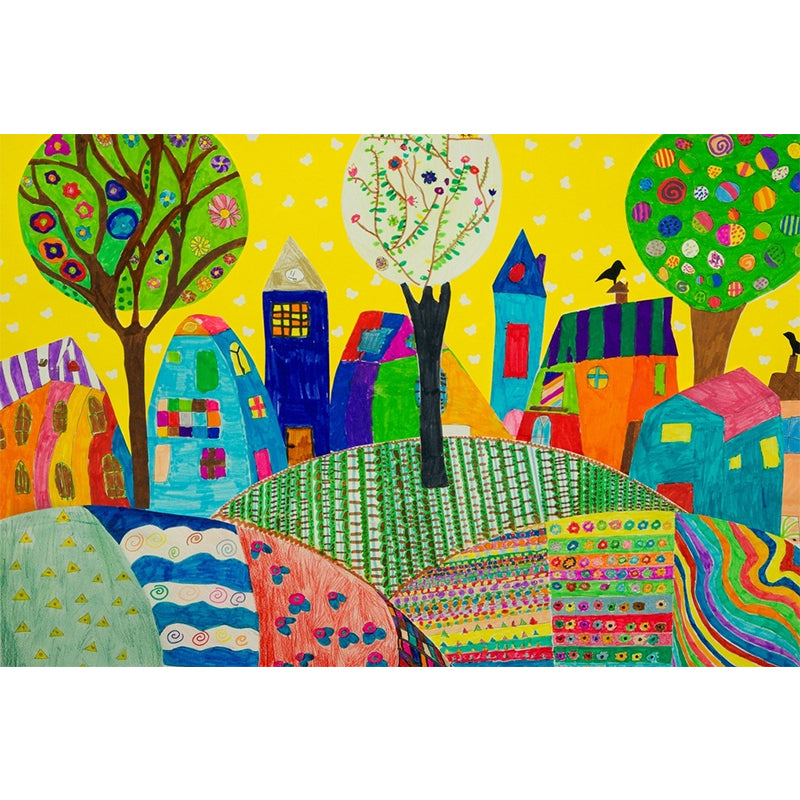 Colorful Childrens Art Wall Murals Full Size Suburbs Drawing Wall Decor for Nursery