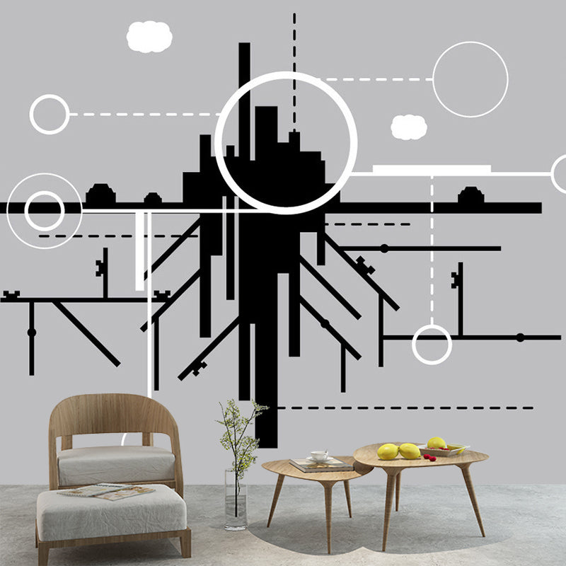 City Construction Wallpaper Murals Minimalist Non-Woven Cloth Wall Art in Black-Grey-White