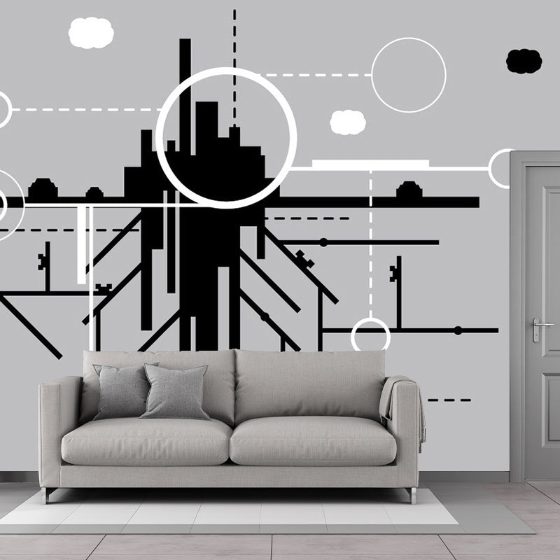 City Construction Wallpaper Murals Minimalist Non-Woven Cloth Wall Art in Black-Grey-White