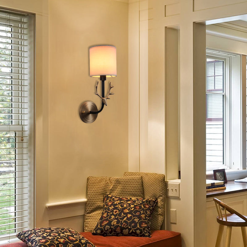 Modernism 1/2 Lights Wall Sconce with Fabric Shade Black/Gold Cylinder Wall Mount Light Fixture with Metal Antler
