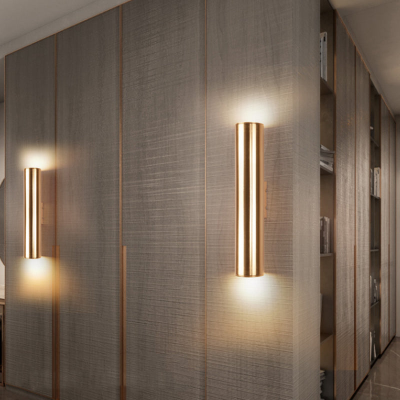 Gold Cylinder Wall Sconce Fixture Modern Style 2"/3" Width LED Metal Wall Lamp in Gold for Corridor