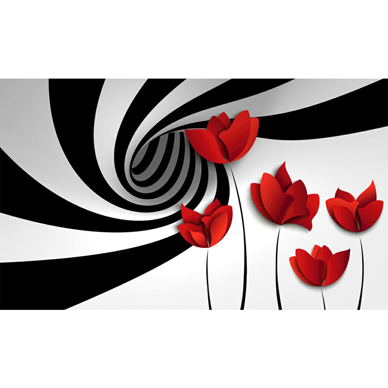 Minimal Flower Whirling Wall Mural Black-Red Water Resistant Wall Art for Living Room