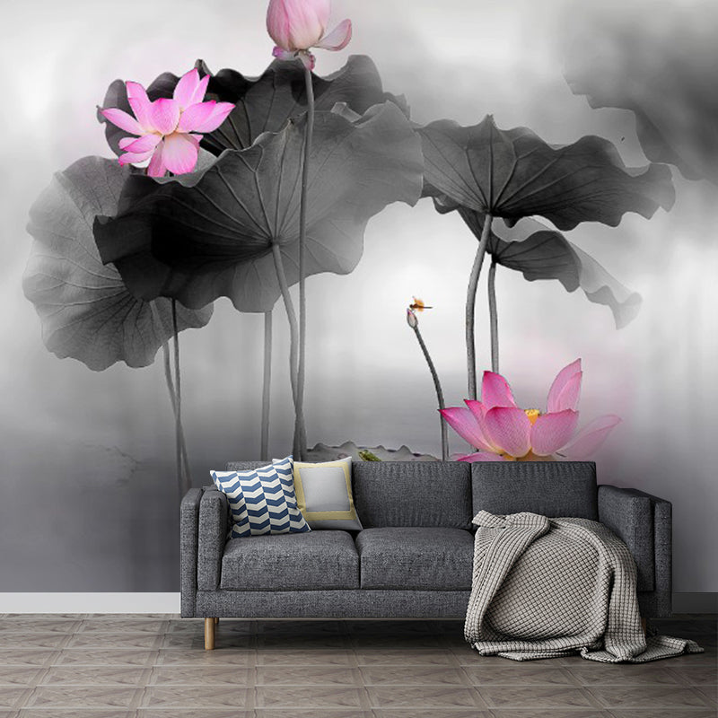 Chinese Watercolor Lotus Pond Murals for Living Room Personalized Wall Decor in Black-Pink