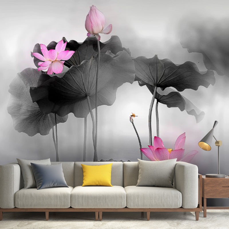 Chinese Watercolor Lotus Pond Murals for Living Room Personalized Wall Decor in Black-Pink