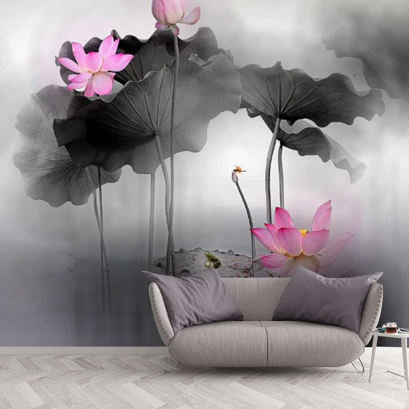 Chinesische Aquarell-Lotusteich-Wandbilder für das Wohnzimmer, personalisierte Wanddekoration in Schwarz-Rosa