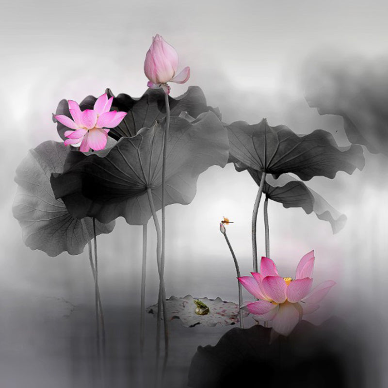 Chinesische Aquarell-Lotusteich-Wandbilder für das Wohnzimmer, personalisierte Wanddekoration in Schwarz-Rosa