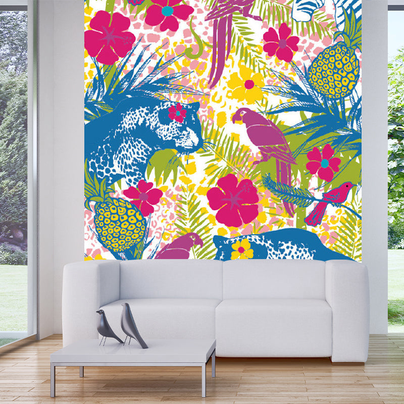 Modern Flower Field Animals Mural Rose Red-Blue-Green Stain Resistant Wall Art for Home